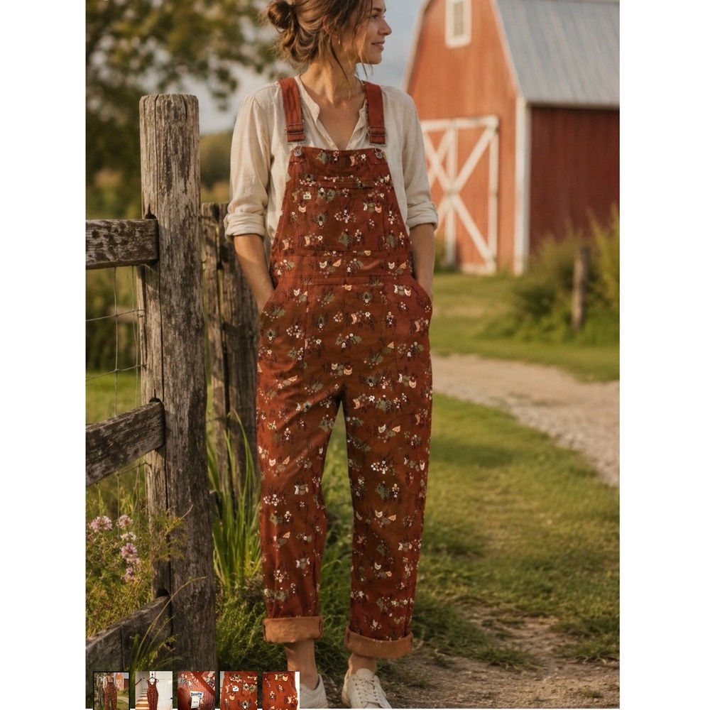 Duluth Women Heirloom Gardening Overalls M 33 Rust Gnome Chicken Gorpcore Fall